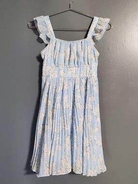 Trixxi Girl Blue Floral Ruffle-Strap Pleated Dress Size 12